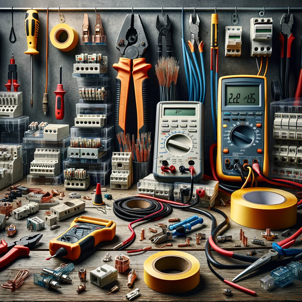 Outils et composants pour la maintenance et la réparation électrique.
